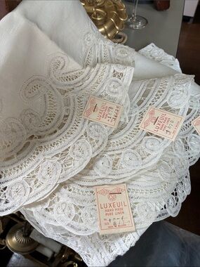 Antique Luxeuil Cream Handmade Pure Linen Lace Table Linens
